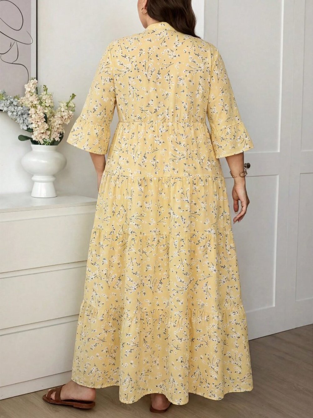 Yellow Boho Women's Ditsy Floral Sleeve Patchwork Tiered Maxi Dress - Picture 2 of 8